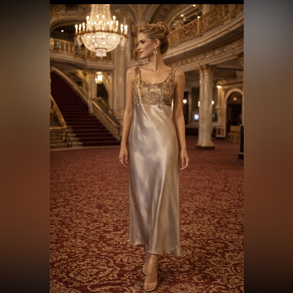 Vintage European/Greek Charly Elegant Beige Evening Gown size 46/S.